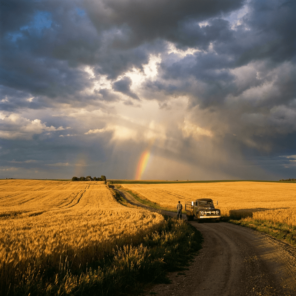 Golden wheat field with a vintage truck, dirt road, and rainbow under a storm sky.