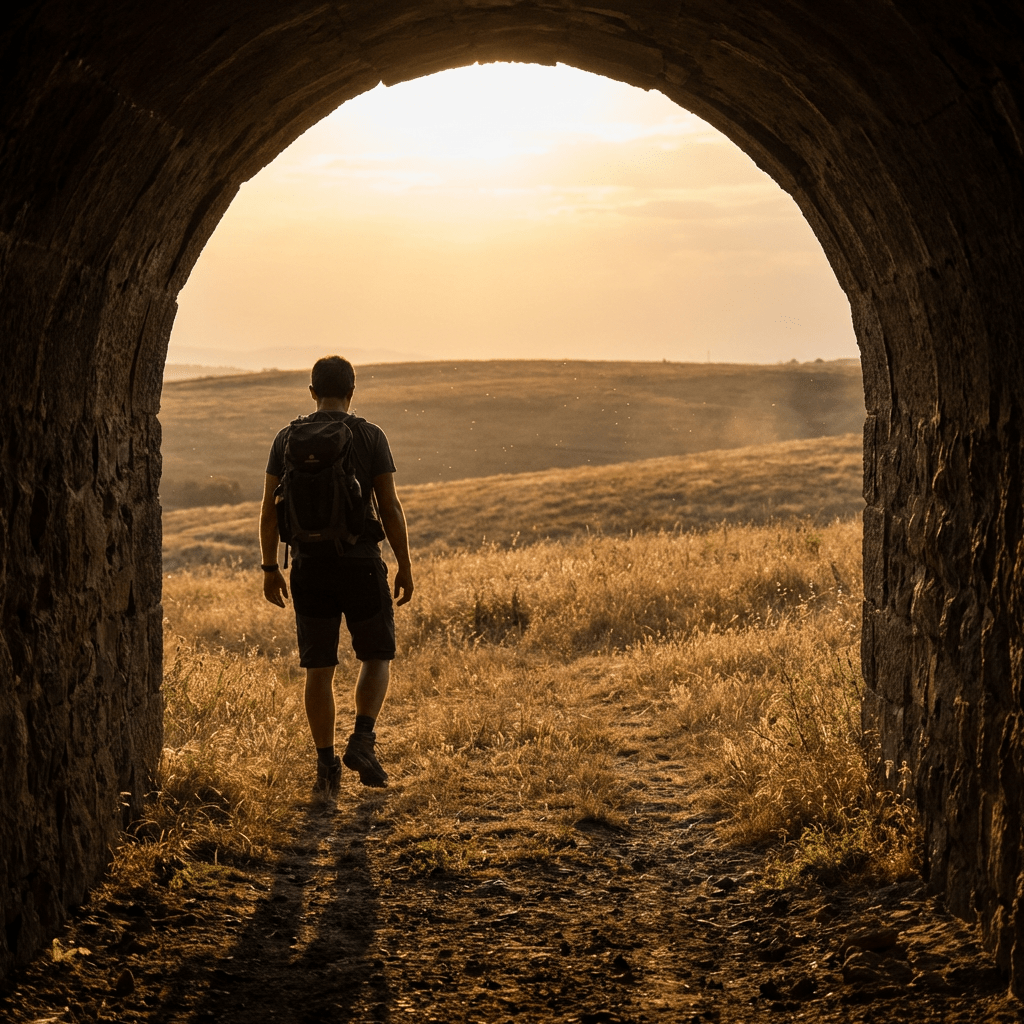 Hiker with backpack walking through a stone archway into a golden, hilly landscape at sunset.