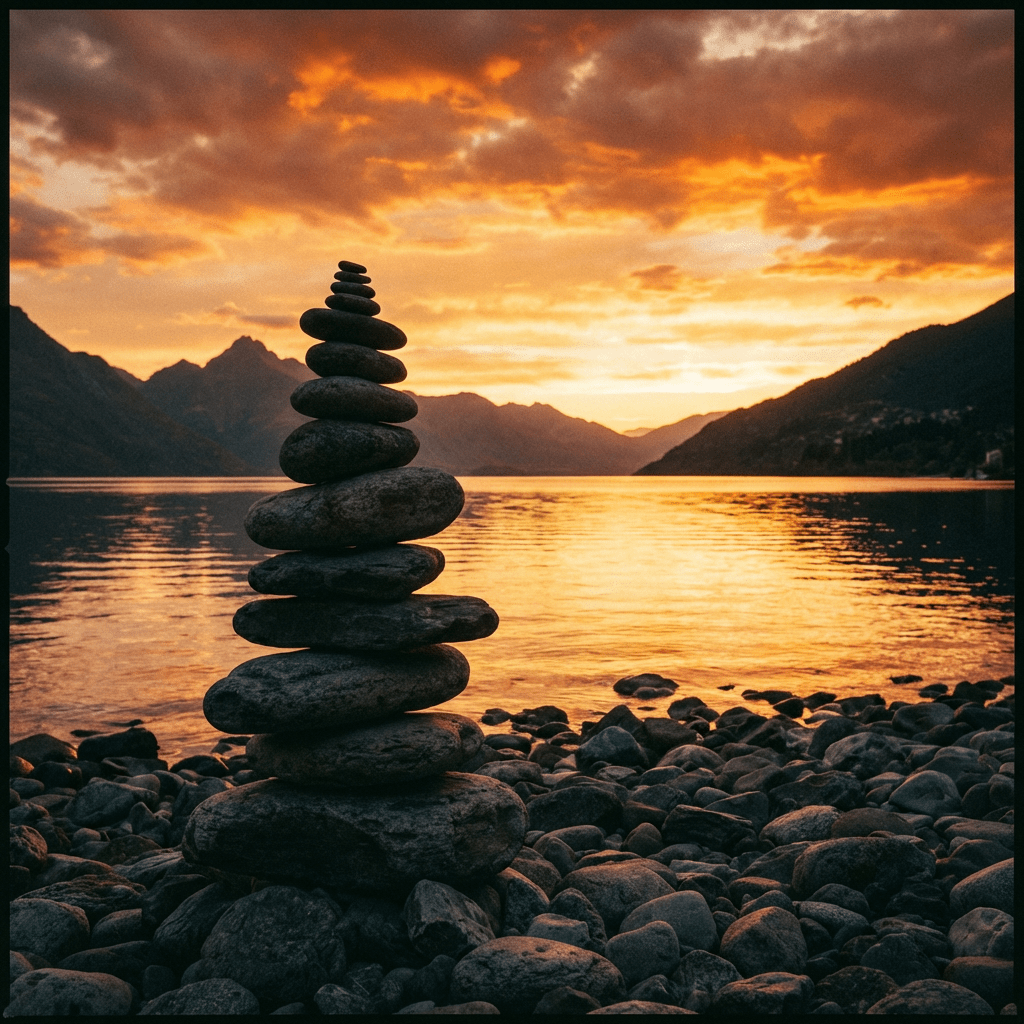 Vertical stack of balanced rocks on a pebbled lakeshore during a golden sunset.
