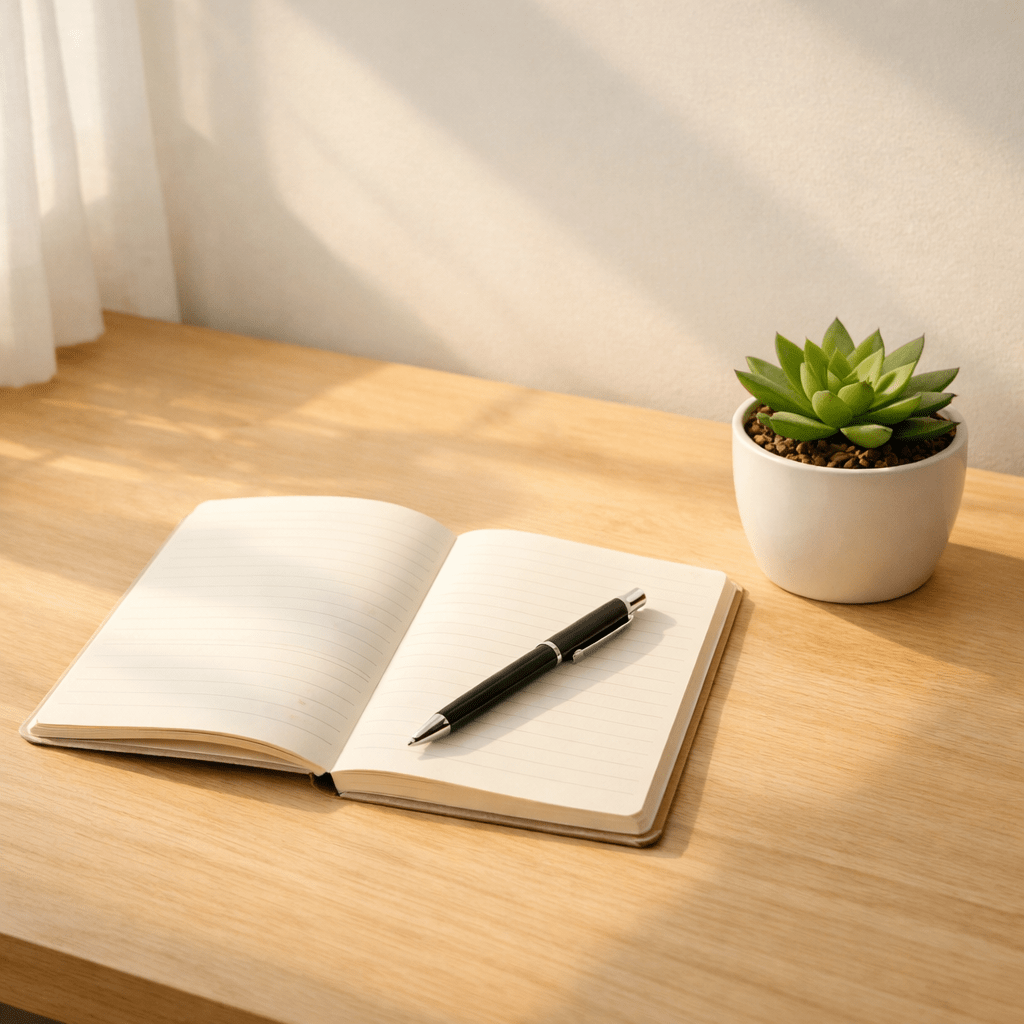 Open lined notebook with black pen next to small green succulent in white pot on wooden desk