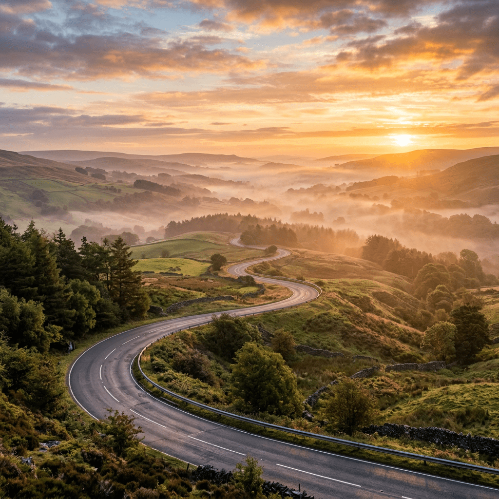 Curved road through green hills with mist and sunrise