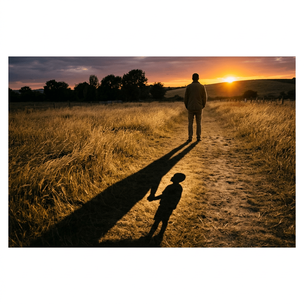 Person standing on a dirt path at sunset casting a shadow of a child holding hands